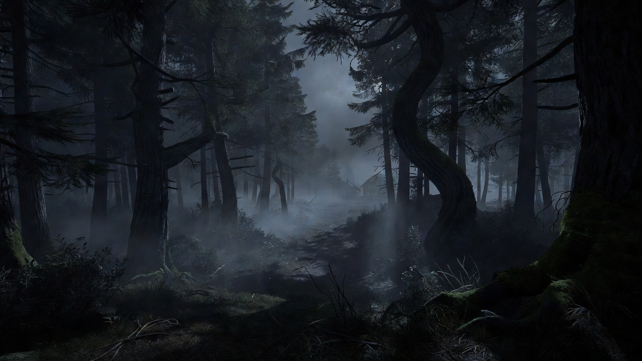 Alan Wake 2 synkkä metsä ja sumuinen Bright Falls