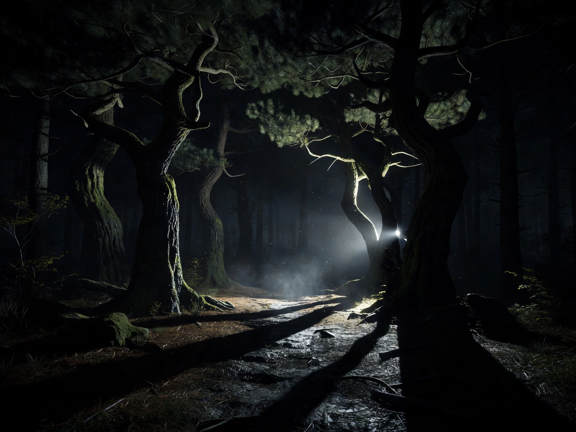 Alan Wake 2 synkkä metsämaisema ja psykologinen kauhu
