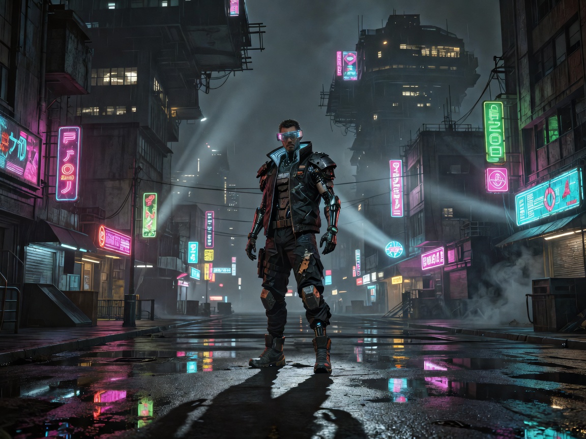 Cyberpunk 2077 Dogtown neonvalot ja kyberneettinen sankari