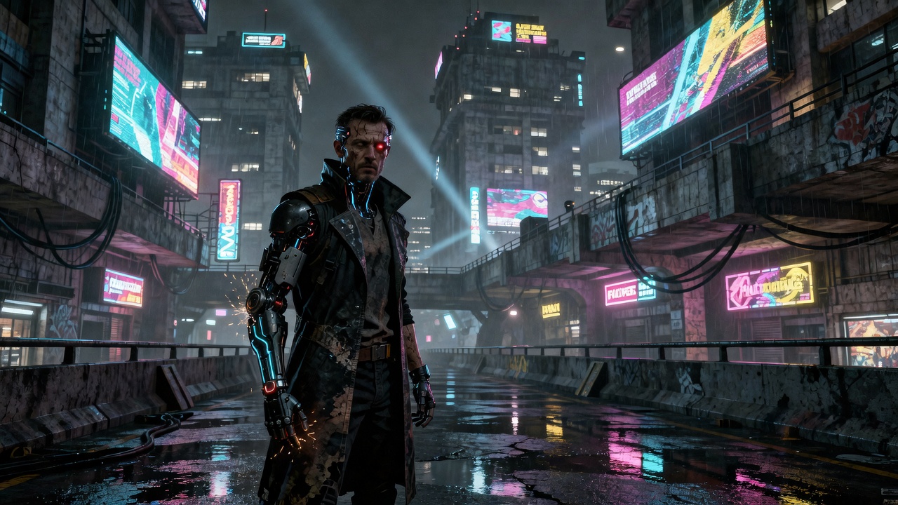 Cyberpunk 2077 Night City Dogtown neonvalot ja kyberneettinen hahmo