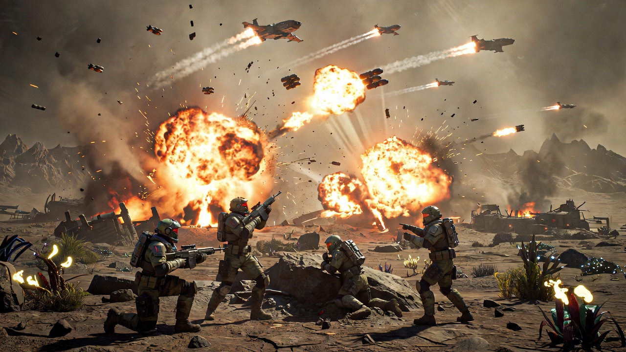 Helldivers 2 avaruussotilaat ja ilmatukipommitus